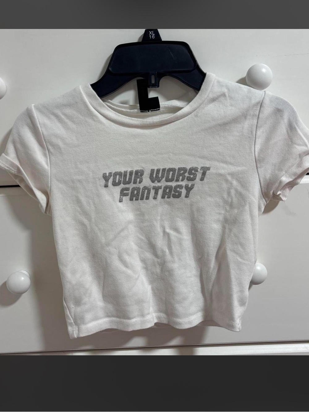 garage white crop top with silver writing your worst fantasy